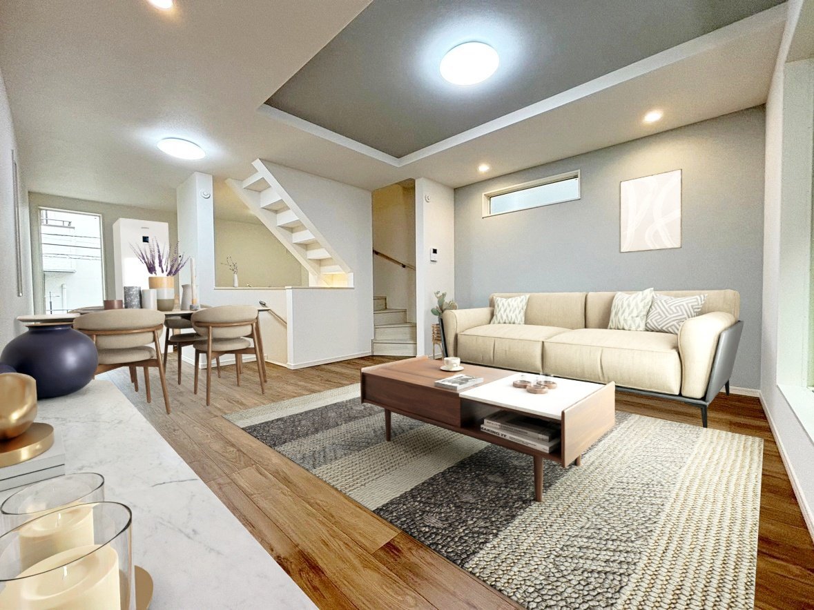 【LDK 家具配置イメージ】
床色が濃い茶色なので、シックな色の家具が合いそうです。家族でゆったりとくつろげる広さがいいですね♪
※家具はCGイメージです
