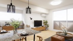 ＜内観予想パース図＞
LDKは18.9帖と広々♪
バルコニーに面した大型の窓からは明るい光が室内全体を照らします。