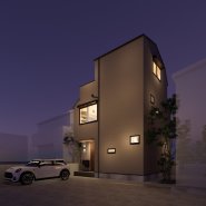 ＜外観予想パース図＞
夜には暖かい光が迎えてくれます。
落ち着いた雰囲気で飽きのこない外観です。