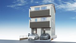 《外観イメージパース》
お車の駐車２台OK！
空いたスペースには自転車の駐輪も可能です。
別で駐車場を借りる必要がなく、毎月の固定費負担の削減にもなります。